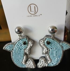 Laura Janelle Beaded Dolphin Blue Fish Design Beach Theme Earrings NEW